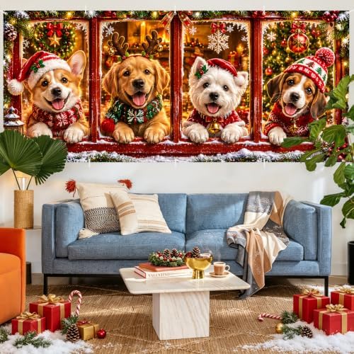 Cute Christmas Dogs Garage Door Banner Mural - Funny Puppies in Window Holiday Backdrop - Large 7x16ft Winter Holiday Outdoor Wall Decor - Durable Weatherproof Fabric Cover for Home Xmas Party - Image 5