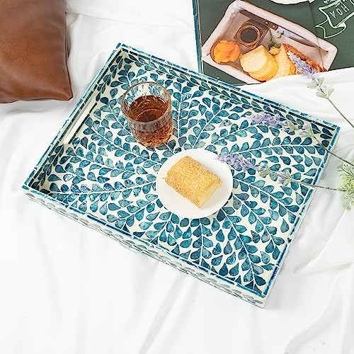 Serving Tray 15.7" X11.8", Lacquer Mother of Pearl Inlay Mosaic Tray, Rectangle Wooden Marble Tray with Handles Trays for Tea, Breakfast in Bed, Table (Blue) - Image 6