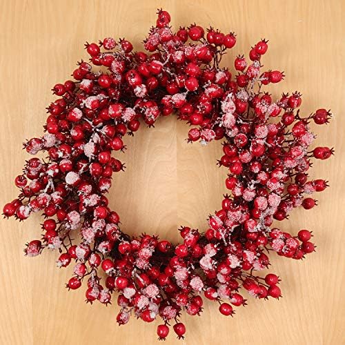 Larksilk 22in Red Frosted Berry Wreath, Iced Hawthorn Twig Christmas Wreath - Image 6