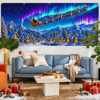 Northern Lights Christmas Garage Door Banner Mural Santa Sleigh Reindeer Flying Over Snow Mountain Town Backdrop Large 7x16ft Winter Holiday Outdoor Wall Decor - Durable Fabric Cover for Home Xmas - Image 5