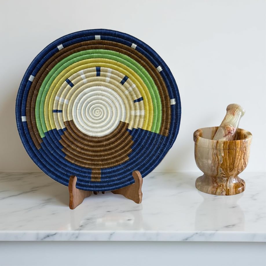 Handwoven African Basket Bowl for Fruits Home Decor (brown blue green, 12in diameter) - Image 6