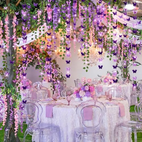 Duraaamo 35 Pcs Fairy Party Garland Decoration LED Artificial Wisteria Hanging Flowers Garland 3D Butterfly Hanging Decor Vine Rattan Ivy Greenery for Spring Home Wedding Fairy First Birthday Party by Duraaamo