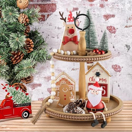 Beaded Tiered Tray Stand, Rustic Wooden 2 Tier Decorative Tray with Bead Garland, Farmhouse Round Wood Serving Tray Counter Centerpiece for Coffee Bar Home Decor Holiday Housewarming Gifts (Brown) - Image 5