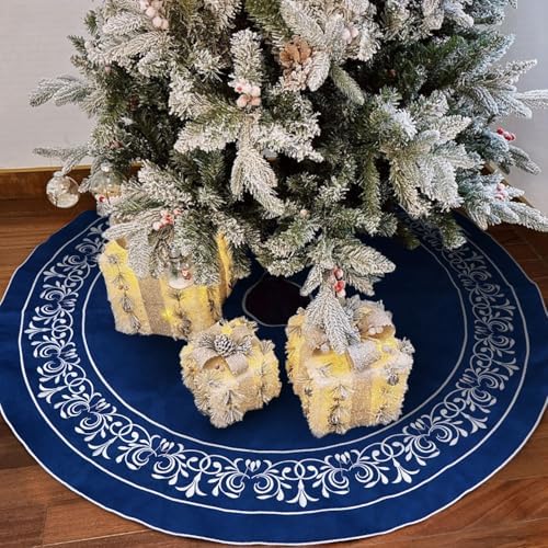Blue Christmas Tree Skirt Velvet 30 Inch - Floral Embroidered Decoration - Image 6