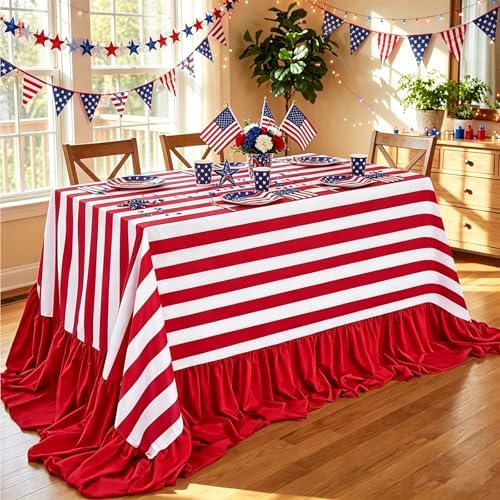 Fanqisi Ruffle Table Cloth Red and White Striped Tablecloth - 90 x 132 Inch Waterproof Tablecloths Rectangle Red Polyester Table Cover for Birthday Wedding Baby Shower Picnic Holiday Party Decoration by Fanqisi