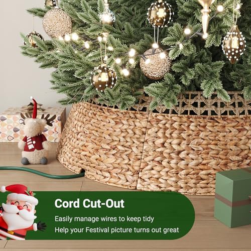 ELYKEN 42 Inch Woven Rattan Christmas Tree Collar, Stylish Seagrass & Water Hyacinth Xmas Tree Skirt for Artificial Trees, Wicker Tree Base Cover with Cord Cut-Out Farmhouse Tree Ring for Home Decor - Image 4