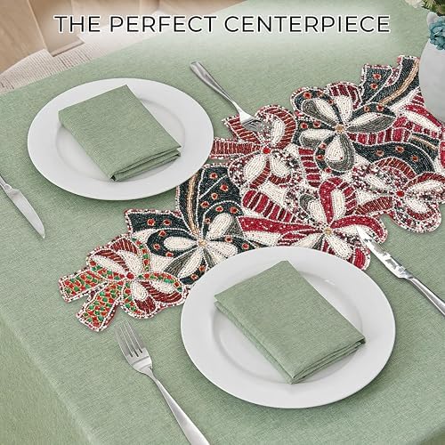 CLEENTABLE Christmas Beaded Table Runner, Red & White, 13x36 - Image 6