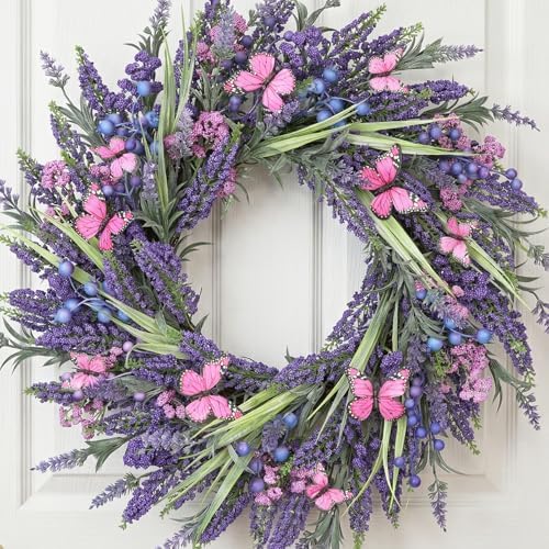 Lavender Wreaths for Front Door 24 Inch Spring Summer Wreath with Lavender,Berries, Butterflies,for Year-Round Use Indoors and Outdoors as Wall, Door, Window, Party and Wedding Decorations - Image 5