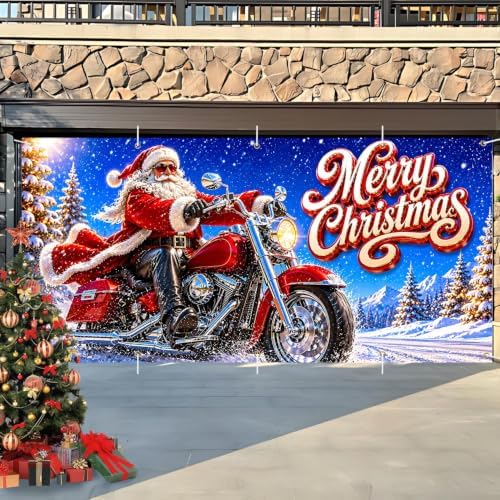 7x16FT Christmas Santa Claus Motorcycle Garage Door Cover Decorations Christmas Garage Door Banner for Outdoor Indoor Christmas Decorations Party Photography Backdrop - Image 5