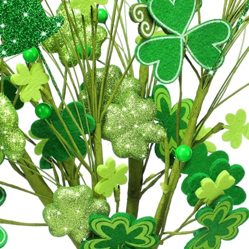 Thiccywoov 12 Pcs St. Patrick's Day Shamrock Berry Stems Decor Tree Glitter Stems Ornaments for DIY Holiday(Green,Shamrock) - Image 5