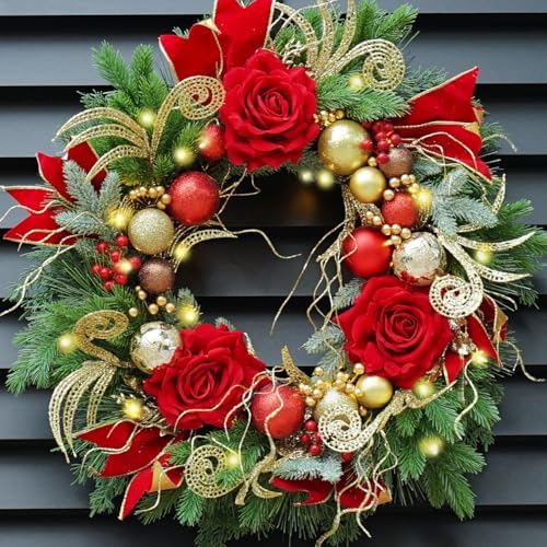 Christmas Wreaths for Front Door–24Inch Outdoor Christmas Door Wreath with Lights,Classic Xmas Wreath with Pinecone,White Berries and Silver Ornaments Design, Holiday Outdoor Wreaths Decor by ArcadiaArt