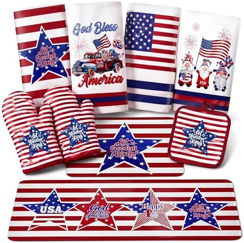 VitalCozy 10 Pcs Patriotic Kitchen Decor Set 4th of July Kitchen Towels and Rugs Pot Holders Oven Mitts Set for Independence Day Gift Cooking Baking Grilling Housewarming by VitalCozy