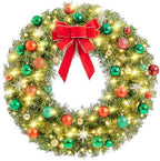 Yaheetech 30in Large Artificial Christmas Wreath, Pre-lit Holiday Accent Decoration with Red Bow, 110 LED Lights & 300 PVC Tips, Metal Structure for Door Wall & Mantel - Image 2