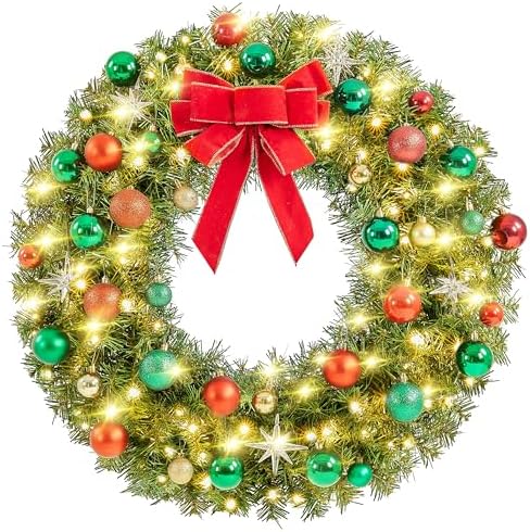 Yaheetech 30in Large Artificial Christmas Wreath, Pre-lit Holiday Accent Decoration with Red Bow, 110 LED Lights & 300 PVC Tips, Metal Structure for Door Wall & Mantel - Image 2