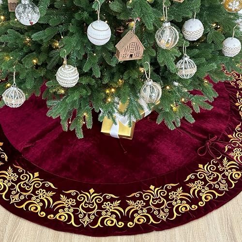 84-Inch Victorian Velvet Christmas Tree Skirt with Gold Damask Embroidery and Plush Lace Ties, Burgundy - Image 4