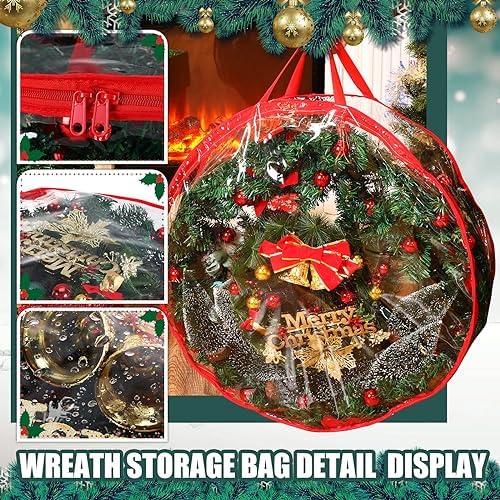 Shappy 6 Pieces Wreath Storage Bags 30 Inch Dual Zippers,Clear, Red - Image 3