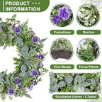 Eucalyptus Wreaths for Front Door, 24 Inch Purple Carnation Wreath - Image 2