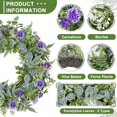 Eucalyptus Wreaths for Front Door, 24 Inch Purple Carnation Wreath - Image 2