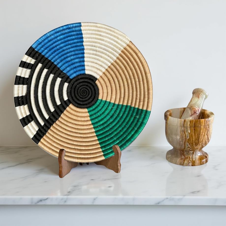 Handwoven African Basket Bowl for Fruits Home Decor (Green, Blue,black, 12in diameter) - Image 5