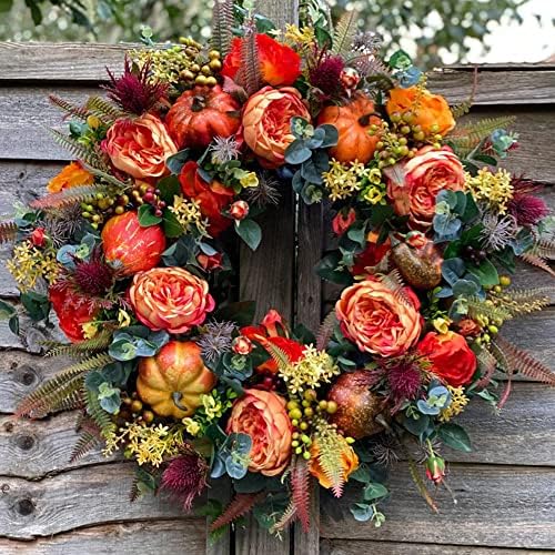 GLLBTPT Fall Wreath Full Handcrafted Autumn Front Door Wreath with Pumpkins Peony Flower Berries for Halloween Thanksgiving Harvest Decoration (Peony Flower) - Image 7