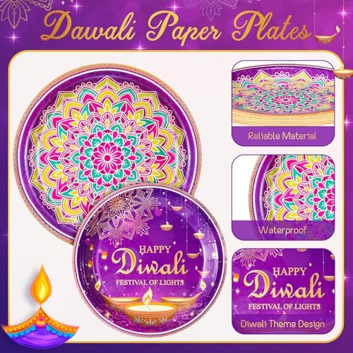 Potchen 350 Pcs Happy Diwali Party Supplies India Festival of Lights Disposable Tableware Include Paper Plates Cups Napkins Knives Forks and Spoons for Diwali Indian Deepawali Hindu Party Decoration - Image 4