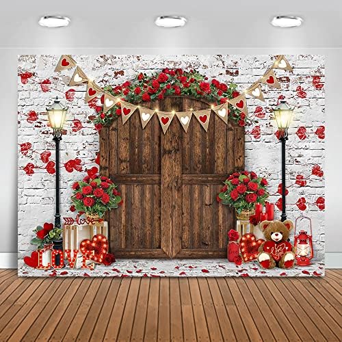 Mocsicka Rustic Wood Door Red Roses Backdrop Love Hearts Brick Wall Background Romantic Valentine's Day Party Decoration Supplies Photo Booth Props (10x6.5ft) by Mocsicka