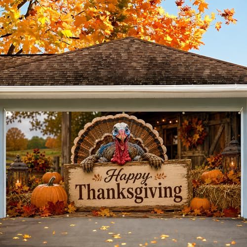 Thanksgiving Garage Door Banner 157 x 71 In Turkey Happy Thanksgiving Garage Door Cover, Rustic Fall Harvest Outdoor Garage Door Decorations with 393.7 In Rope for Thanksgiving Home Decor - Image 3