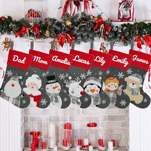 Set of 7, 18" Dia Personalized Gray Christmas Stockings with Embroidery Names, with Holders,Quality Thick Fleece Material Stockings for Family Décor(Set of 7-A) - Image 4