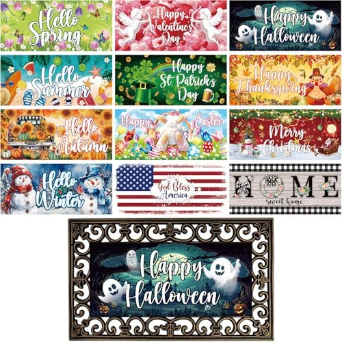 12Pcs Doormat Inserts Seasonal Entrance Doormats Interchangeable Welcome Doormats Welcome Mat Outdoor for Fall Christmas Front Door Outdoor Indoor 22in x 10in All Season and Holiday by Tangren