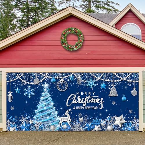 Tiamon Christmas Garage Door Cover Banner 7x16 ft Outdoor Xmas, Blue Gold by Tiamon