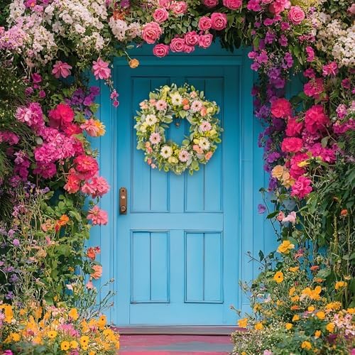 20 Inch Spring Wreaths for Front Door, Artificial Pink Gerbera Daisy & Yellow Rose Floral Wreath with Lamb's Ear Leaves & Greenery, Farmhouse Summer Wreath for Wall Window Porch Home Decor - Image 3