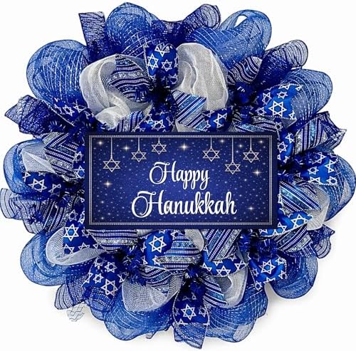 Happy Hanukkah Wreath with Star of David Ribbons Handmade Deco Mesh Available in 24 inch Diameter or 28 inch Diameter - Image 4