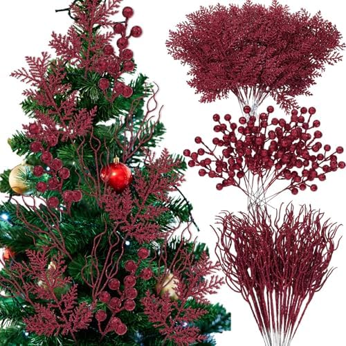 75 Pcs Christmas Glitter Tree Picks 3 Styles Berry Stems, Burgundy - Image 6