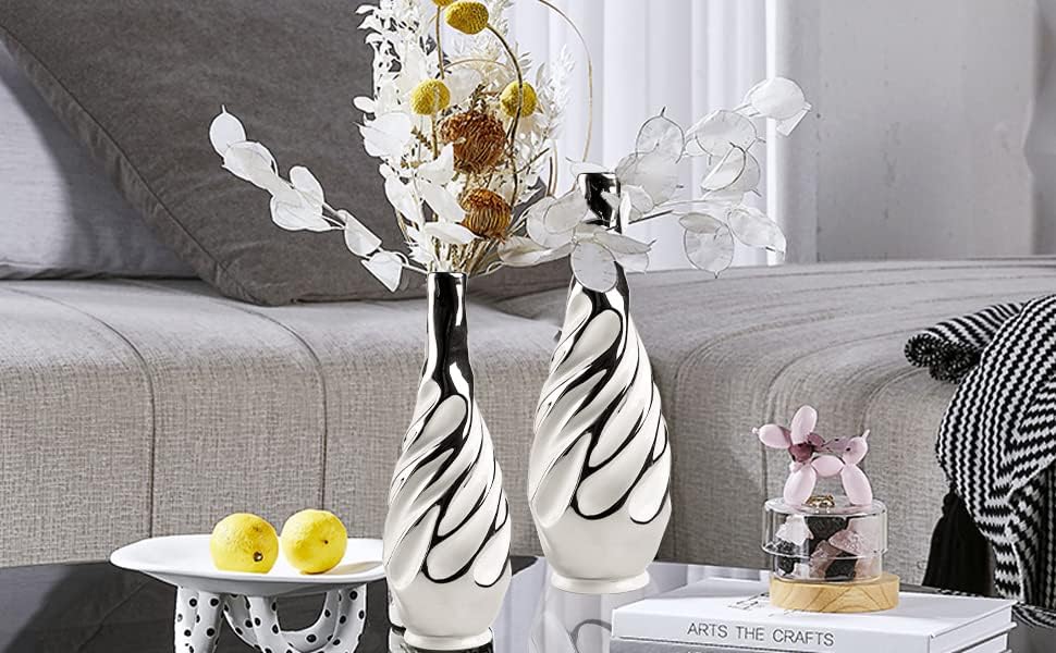 Yundu Ceramic Vase Set of 2, White with Silver, Modern Home Décor, Living Room, Dried Flowers, 14x6x6 inches - Image 4