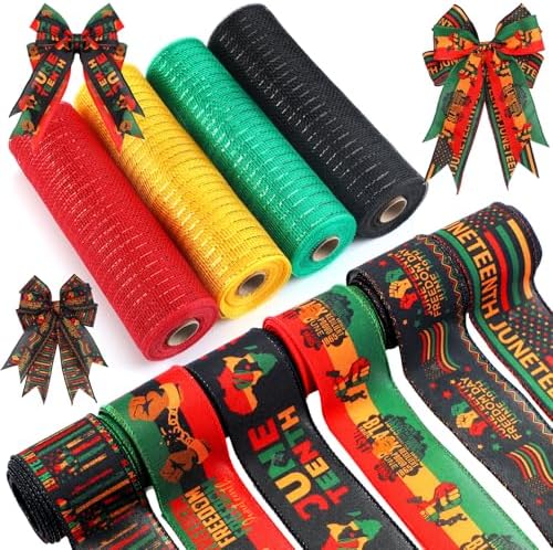 10 Pcs Juneteenth Ribbon Including 4 Rolls Mesh Ribbon 6 Rolls Juneteenth Freedom Day Wired Edge Wreath Metallic Wreath Wrapping Crafts for Holiday Party Home Decorative DIY Craft by Yuefunny