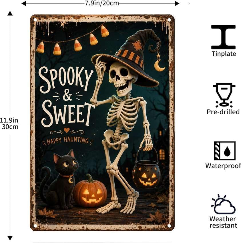 Vintage Metal Tin Sign Halloween Skeleton Witch Black Cat Pumpkin Vintage Wall Art for Porch Bar 8×12 Inches with Metal Frame - Image 7