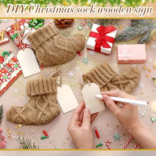 Suhine 36 Set Mini Christmas Knitted Stockings 6'' Neutral Christmas Stocking Rustic Modern Farmhouse Xmas Tree Decor with Wooden DIY Tags Gifts Bulk for Holiday Mantel Party Favor(Khaki) - Image 4