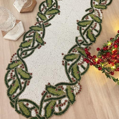 Enliven Christmas Special Beaded Holly Berry Design Runner, 13x36 inch - Image 2