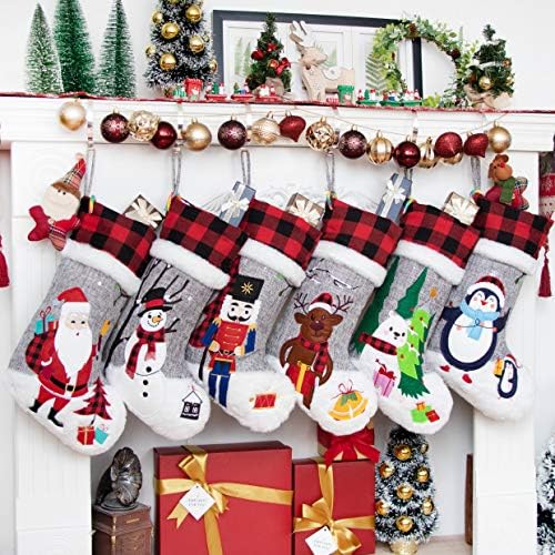 BHD BEAUTY Set of 6 Christmas Stockings Gray Burlap Buffalo Red Plaid Soft Faux Fur 20 Inches Lovely Embroidery Pattern for Family Decorations Hanging Ornament for Xmas Holiday Party - Image 2