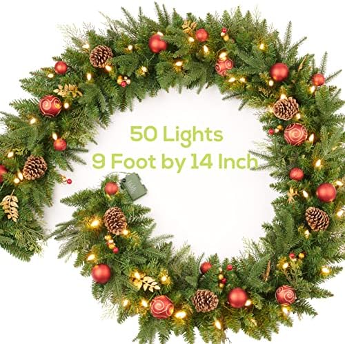 9FT Red Gold Christmas Garland Prelit with Battery Operated 50 LED Lights,Holiday Decoration Stairs Mantle Door Indoor Outdoor - Image 6