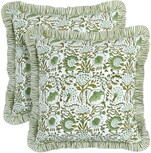 CPC Block Print Ruffle Throw Pillow Cover Agate Green 18"x18", Pack of 2 by COTTONPRINTCLUB