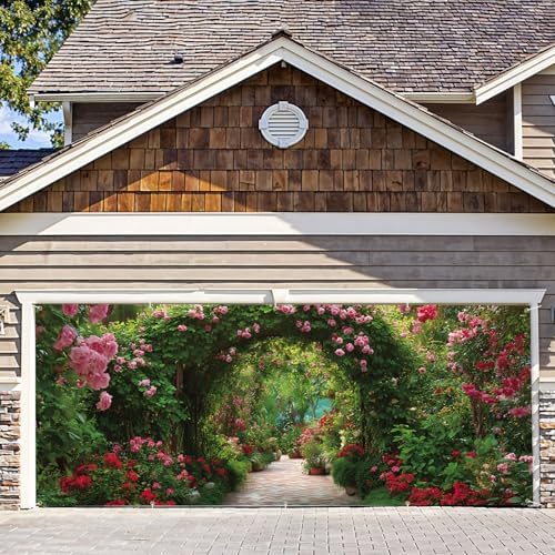 7 * 16FT Summer Garage Door Cover Decorations Sunset Palm Trees Garage Door Banner for Outdoor Indoor Summer Party Photography Backdrop (flower arch, 7 * 16 ft) by ANNAQUEEN