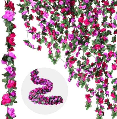 12 Pcs 100ft Flower Garland Artificial Rose Vine with GreenLeave, Purple by Dingion