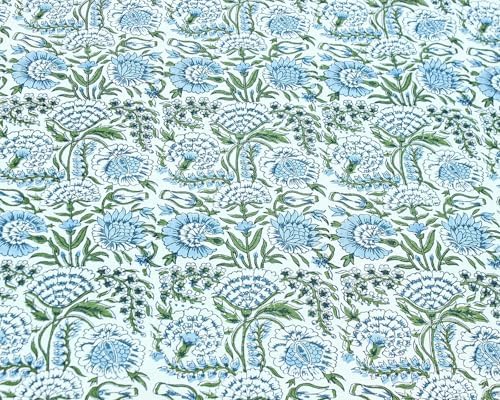 48x102 Inches Rectangle Hand Block Printed Cotton Tablecloth, White Blue Floral Table Cloths Washable, Indian Table Linen for Halloween Christmas Dinning Home Decor Outdoor Thanksgiving Gift - Image 3