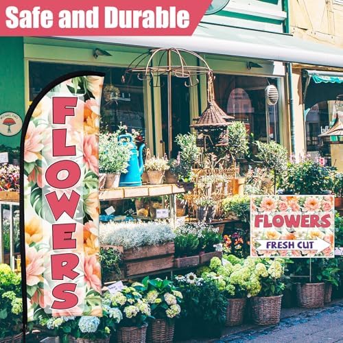 Buryeah 5 Sets Flower Banner Sign Kit Including 1 Flower Feather Flag 4 Double Sided Arrows Signs with Metal Stakes for Outside, Business Advertising, Directional Signage(Pink) - Image 3