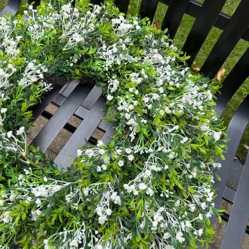 28'' Large Boxwood Wreath with Baby's Breath and White Seed Front Door Porch Window Decor Spring Summer Autumn Winter Greenery Outdoor Indoor Artificial Leaves Flowers for Home Farmhouse Wall Decor - Image 3