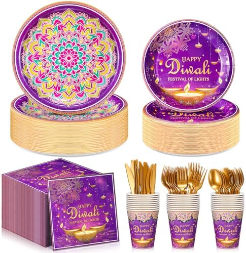 Potchen 350 Pcs Happy Diwali Party Supplies India Festival of Lights Disposable Tableware Include Paper Plates Cups Napkins Knives Forks and Spoons for Diwali Indian Deepawali Hindu Party Decoration by Potchen