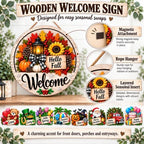 16Pcs Interchangeable Welcome Sign for Front Door Decor, Wreaths for Front Door, 12 Inch Magnetic Round Wooden Door Hanger, Farmhouse Porch Decor for Spring Summer Fall Winter Christmas (Style-1) - Image 2