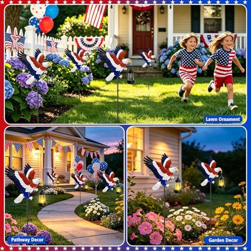 4th of July Decorations Solar Lights Outdoor, Patriotic American Eagle Hanging Lantern Waterproof, Metal Garden Decor for Independence Day Veterans Day Holiday Party Decoration Yard Patio Decor - Image 6