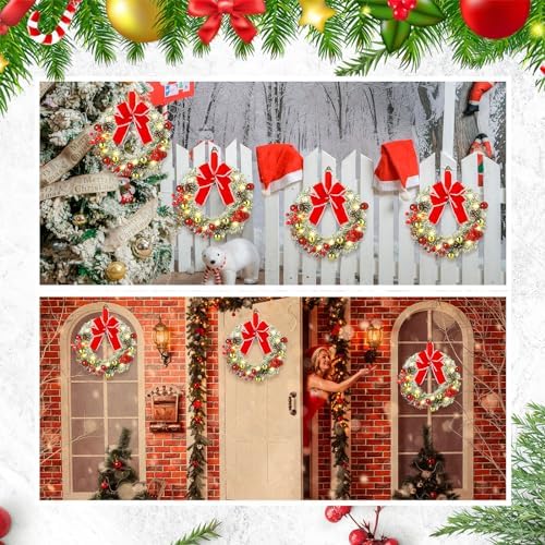 Ceenna 4 Pcs Pre-lit Artificial Christmas Wreaths 14 Inch Timer Lighted Christmas Wreaths with Bow Red Berries Pinecone Pine Needles 8 Model LED Light Xmas Wreath for Front Door Window Wall Holiday - Image 7